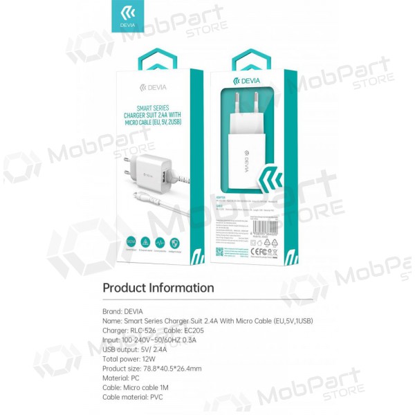 Ladegerät Devia Smart x 2 USB (2.4A) + MicroUSB, (Weiß)